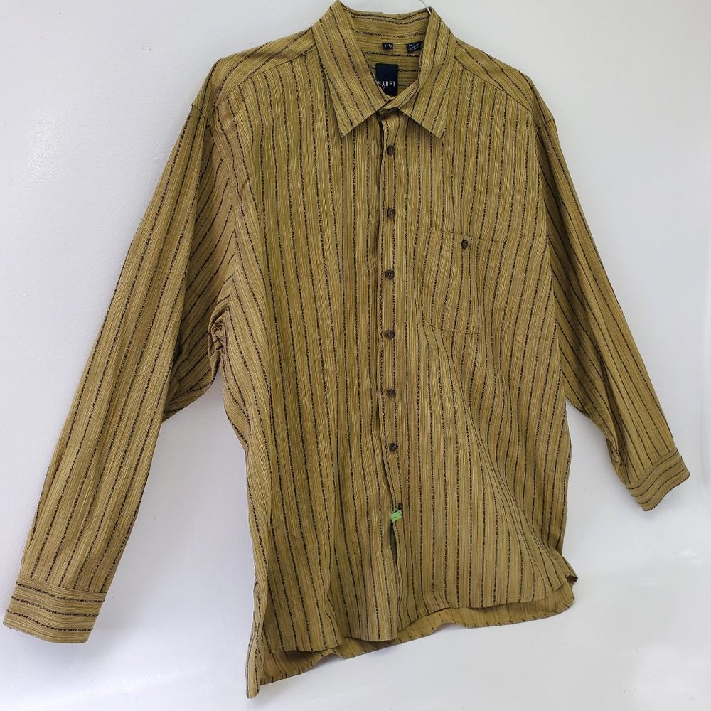 Haupt Germany Men's XL Dress Shirt 17.5 Mustard Yellow Blue Textured Pin Stripe